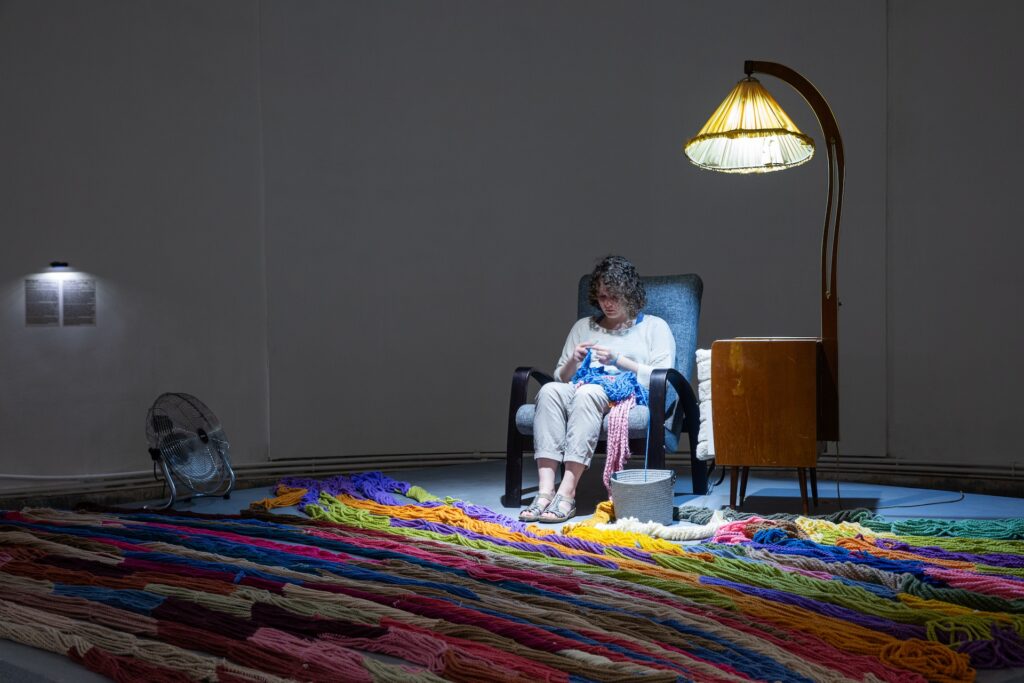 Where Dogs Run, Knitting and Crocheting the Mandelbrot Set, performance, 2007–2017, work in progress. CYFEST 15, HayArt Cultural Center. Photo: Ann Prilutckaia.